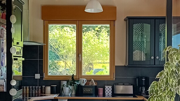 A kitchen with wooden beams, a window with a view of greenery, a coffee maker, and a potted plant. - Charming country house with swimming pool in Vannes for family vacations (Vannes)