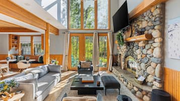 Smart TV, fireplace, books