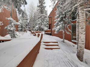 Guests can relax on the benches and walk along the pathway to the cabin, surrounded by snow-covered trees.