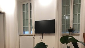 Ett vardagsrum med en stor, platt-TV som är monterad på väggen, ett trägolv, en mönstrad matta och en krukväxt.