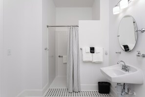 A modern bathroom with a shower, a sink, and a mirror. - The Harriss (Wilson)
