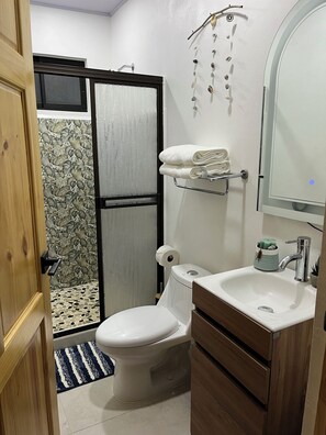 Shower, hair dryer, towels, soap