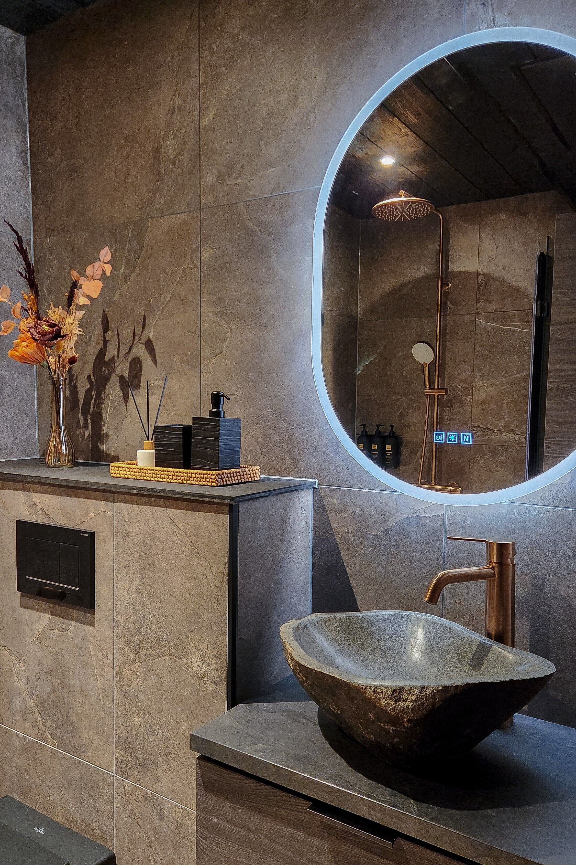 Shower, rainfall showerhead, hair dryer, heated floors