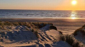 Une plage avec des dunes de sable et l’océan.