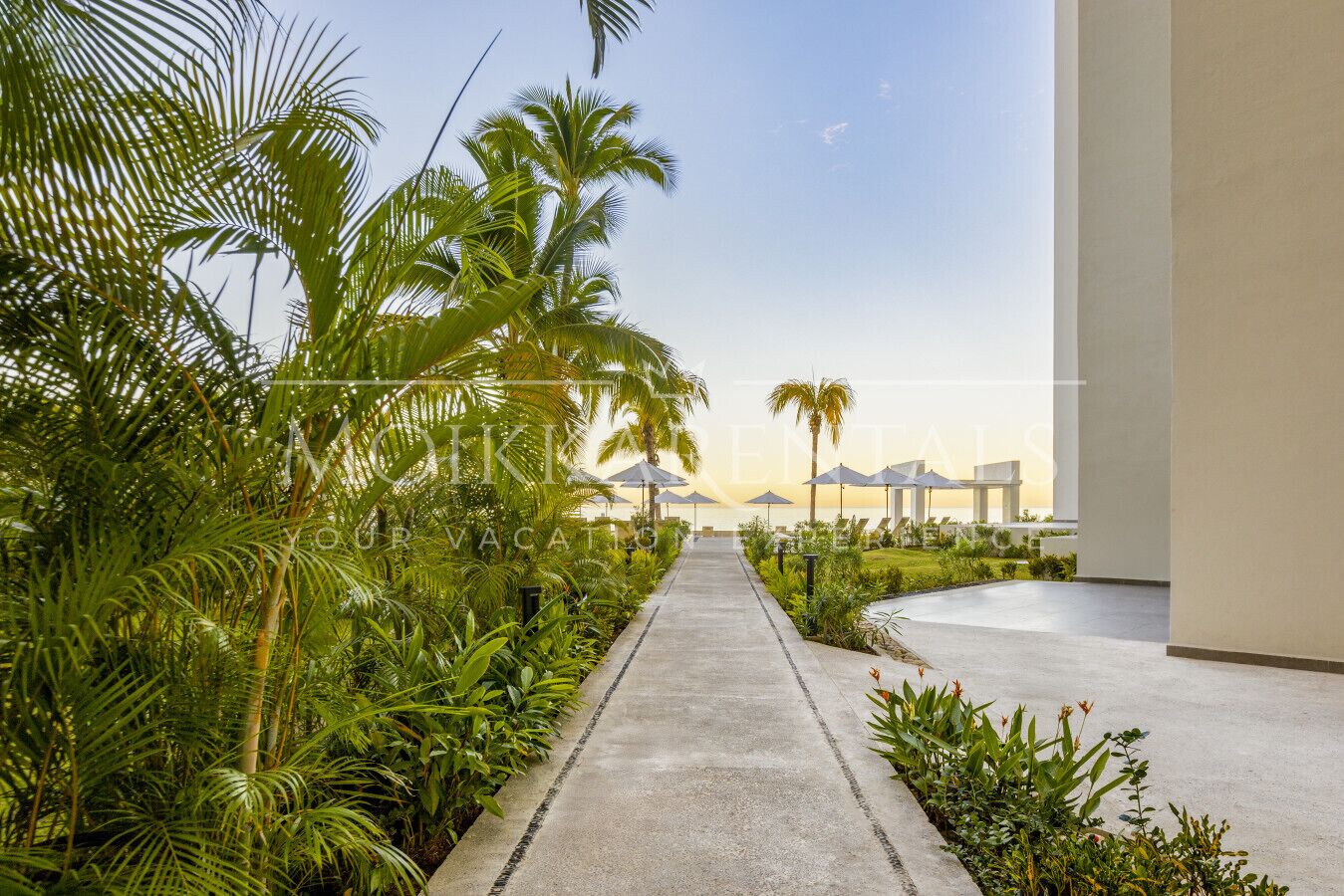 A pathway lined with palm trees leading to a building with a view of the ocean.