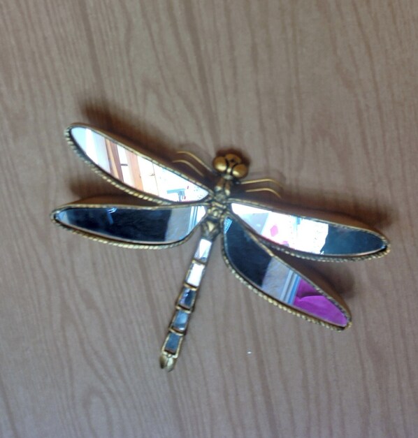 A metallic dragonfly brooch with a reflective surface and a central bead. - Charming Dragonfly Casita with WiFi in Pinehill - perfect for a getaway (Pinehill)