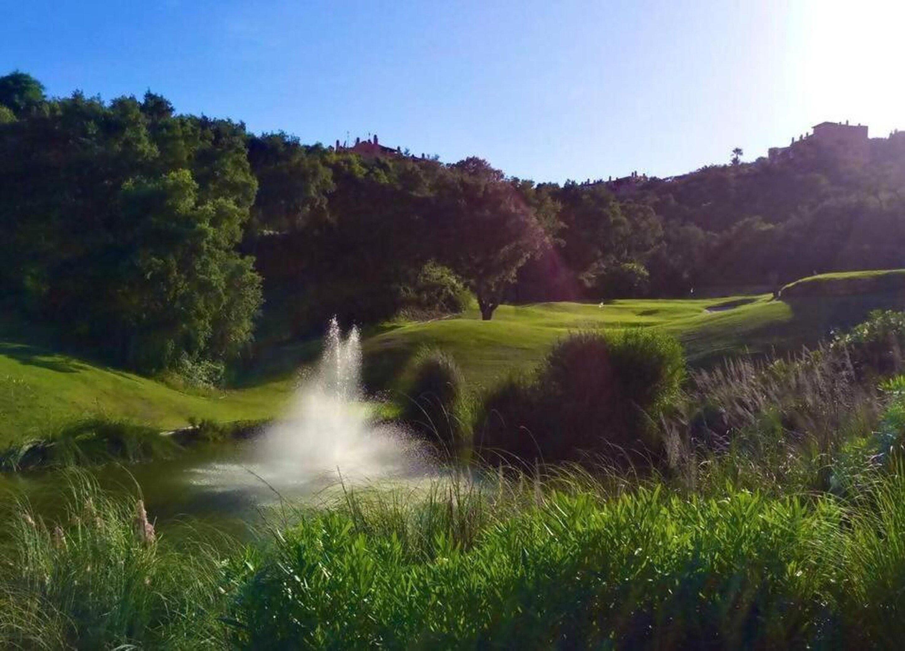 A golf course with a water fountain, lush greenery, and a hill with buildings in the background.