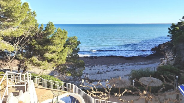 Vistes costaneres amb una escala que baixa a la platja, envoltat per arbres i un cel serè.