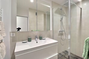 Shower, hair dryer, towels