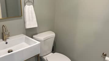 Shower, hair dryer, towels, toilet paper