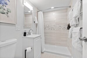 Douche, sèche-cheveux, serviettes fournies, savon