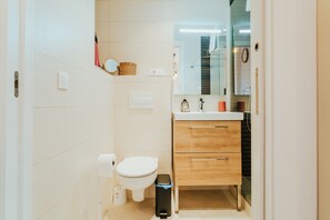 Shower, hair dryer, towels