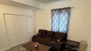 A living room with a brown sofa, a coffee table, a patterned rug, a window with patterned curtains, and a white door.