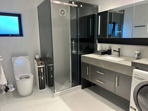 Shower, hair dryer, towels, soap