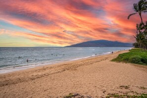 Una spiaggia con cielo sereno, mare calmo, palme e una montagna in lontananza.
