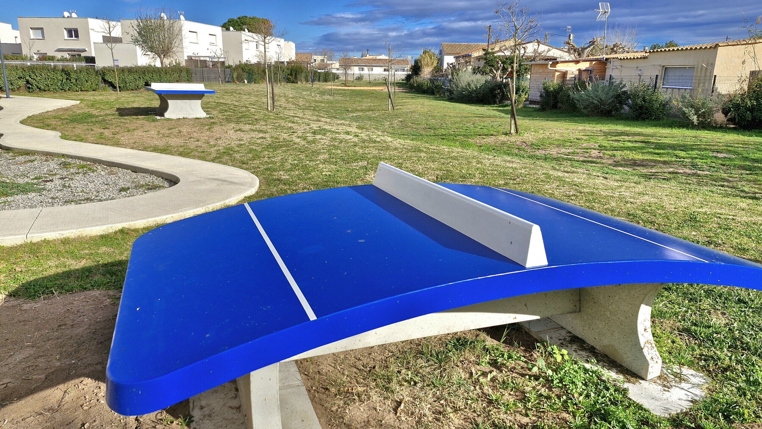 A blue outdoor table in a park with a curved design, surrounded by grass and a pathway.