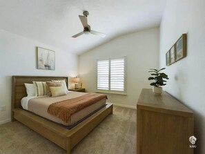 A bedroom with a bed, a nightstand, a ceiling fan, a window with blinds, and a plant on a wooden dresser. - Perfectly Placed in Moultrie Creek (Sumter County)