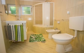 Un baño pequeño con ducha, inodoro y lavabo.