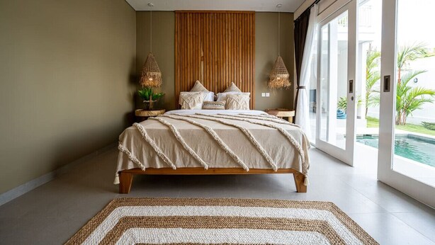 A bedroom with a bed, bedside tables, a large window, and a view of the outdoors. - Seminyak 3BR Private Pool Villa (Seminyak)