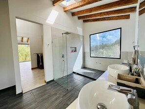 Chuveiro, toalhas de banho, sabonete, papel higiênico