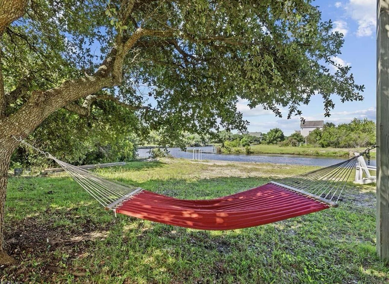 A hammock under a tree by a body of water.