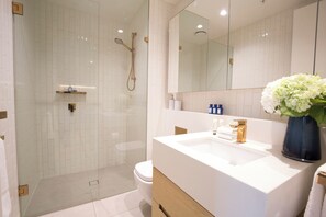 Shower, hair dryer, towels, soap