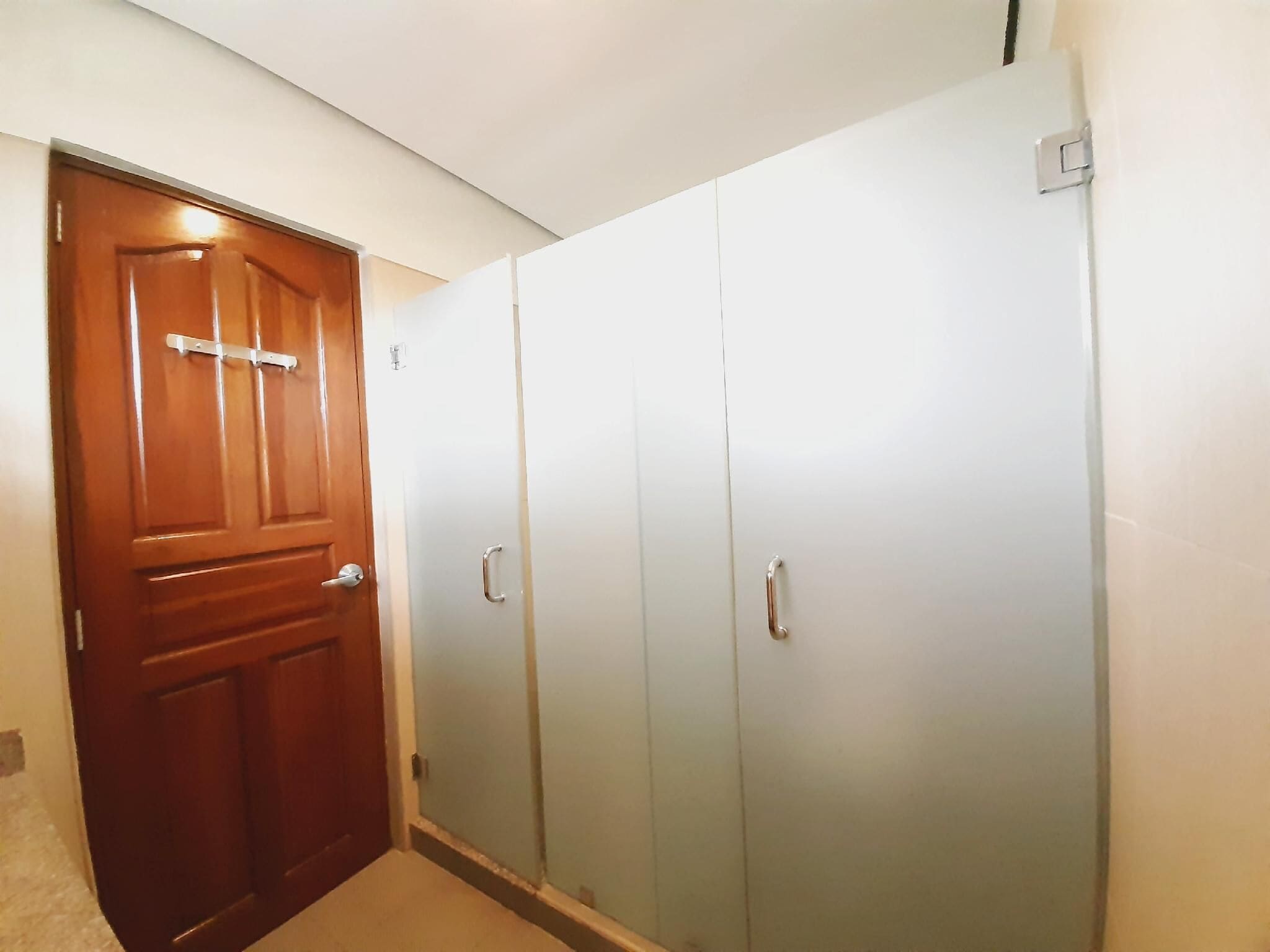 A hallway with a wooden door and a white wardrobe with a mirror.
