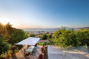 Une terrasse extérieure avec une table et des chaises, entourée de plantes en pot et offrant une vue sur le paysage urbain.