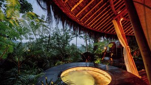 Una vasca idromassaggio circolare immersa in rigogliosa vegetazione tropicale, con una struttura a tetto di paglia.