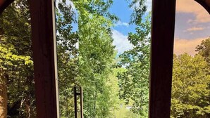 A wooden deck leading to a glass door, surrounded by trees and a clear sky.