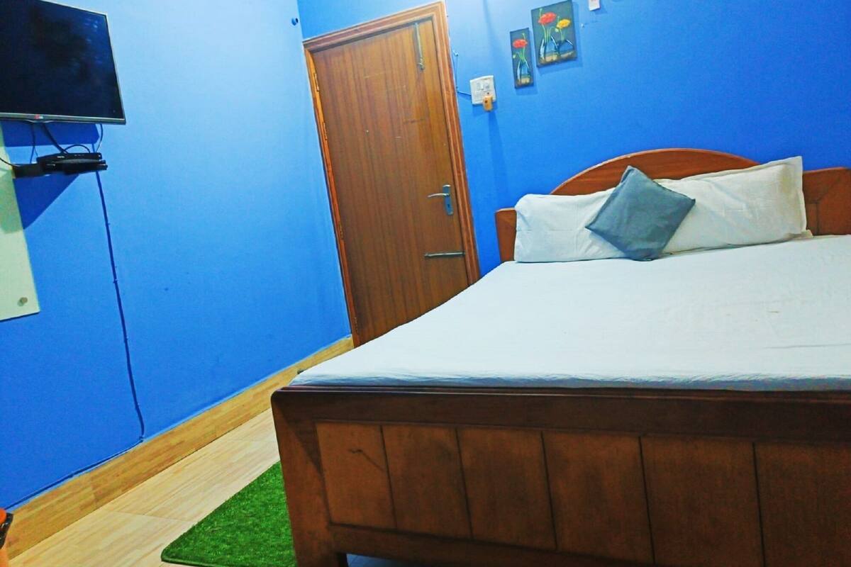 A bedroom with a wooden bed, a television mounted on the wall, and a door.