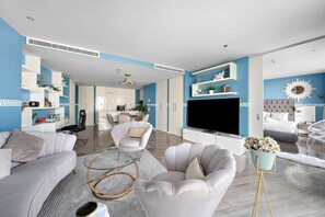 TV - Cozy Waterfront Stay with Balcony, Kitchen & Smart TV (Al Jaddaf)