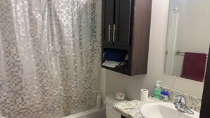 Une salle de bain équipée d’un rideau de douche, de toilettes, d’un lavabo et d’un meuble de rangement.