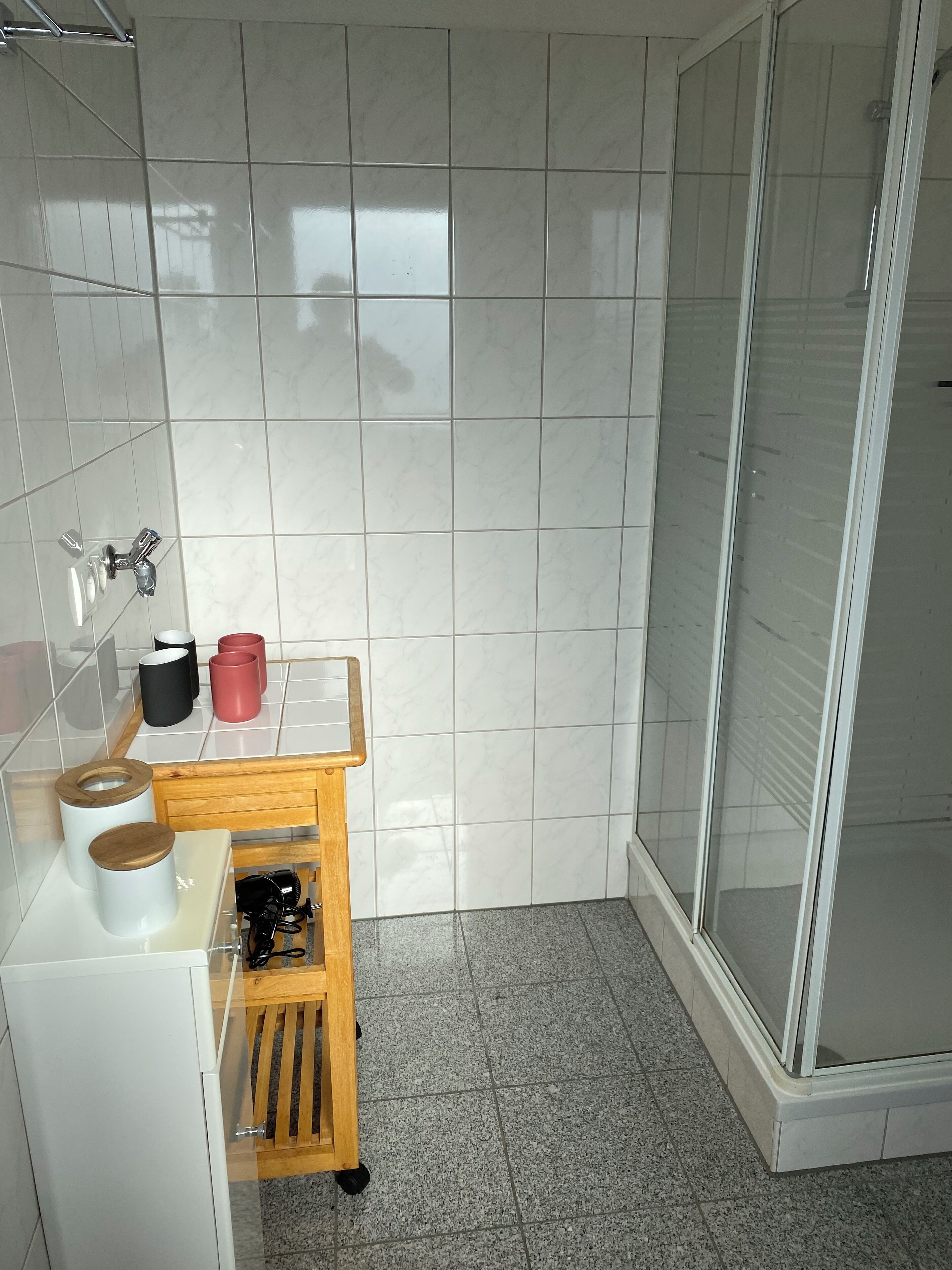 Dusche, Haartrockner, Handtücher, Seife