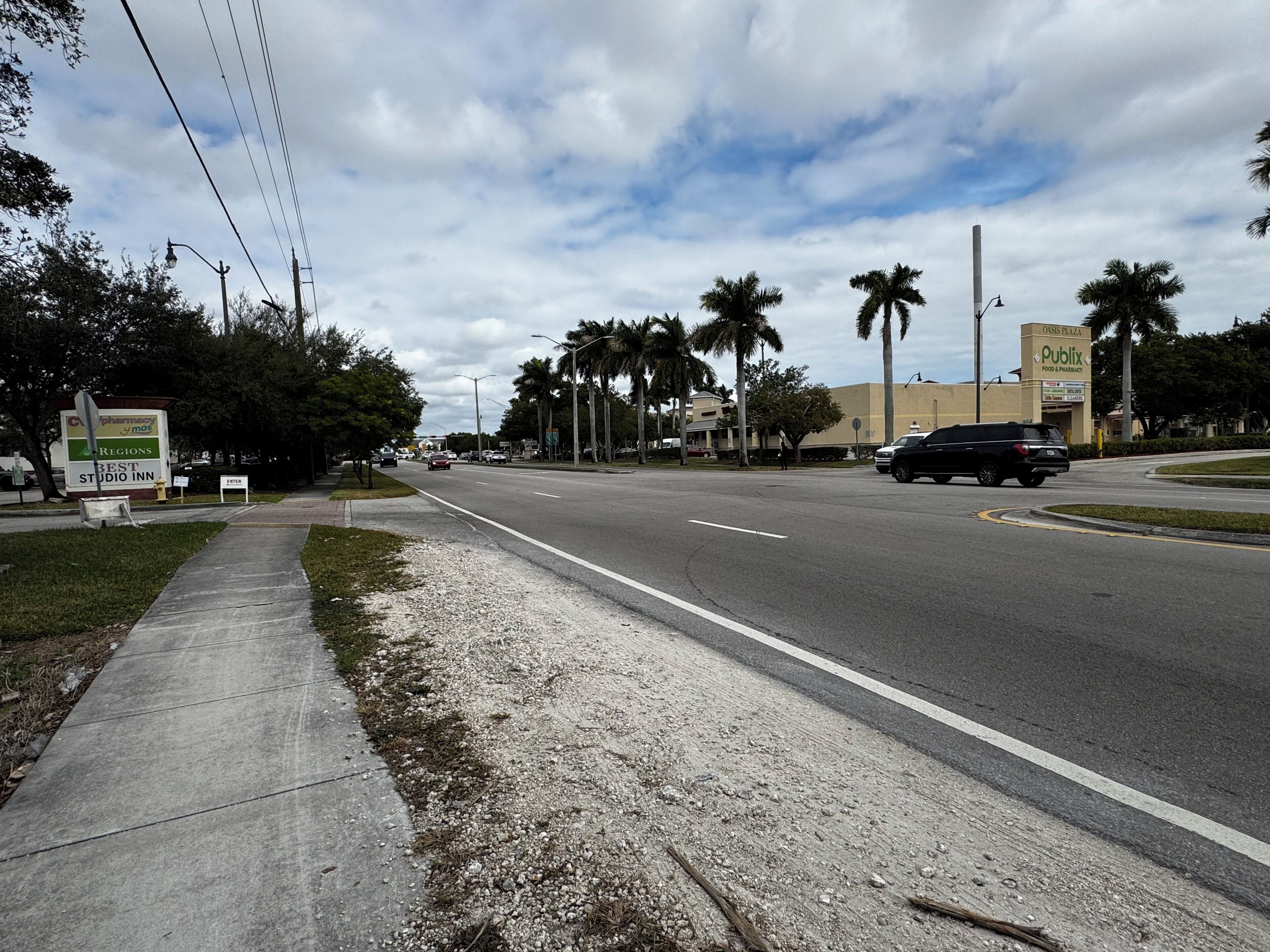 A street with a sidewalk, palm trees, and a Publix store.