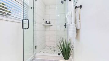Shower, hair dryer, shampoo