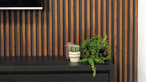 A modern living room with a dark wooden panel wall, a flat-screen TV mounted on the wall, and a black console table with decorative plants.