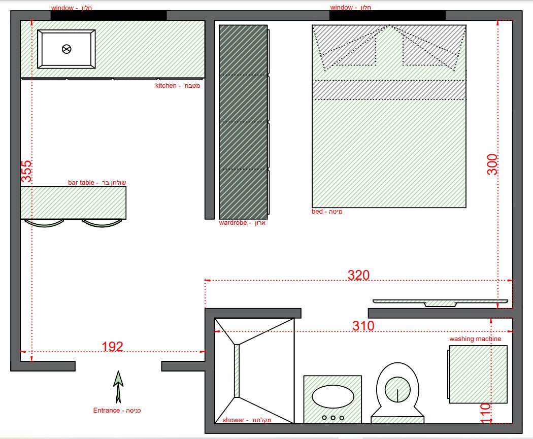 Plano de un cuarto de hotel con cocina, mesa de bar, armario, cama, ducha y lavadora.