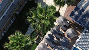 Vue aérienne d’un complexe hôtelier avec une piscine, des chaises longues et des palmiers.