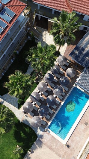 Vista aérea de un resort con piscina, tumbonas y palmeras.