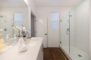 Hair dryer, towels, soap, shampoo