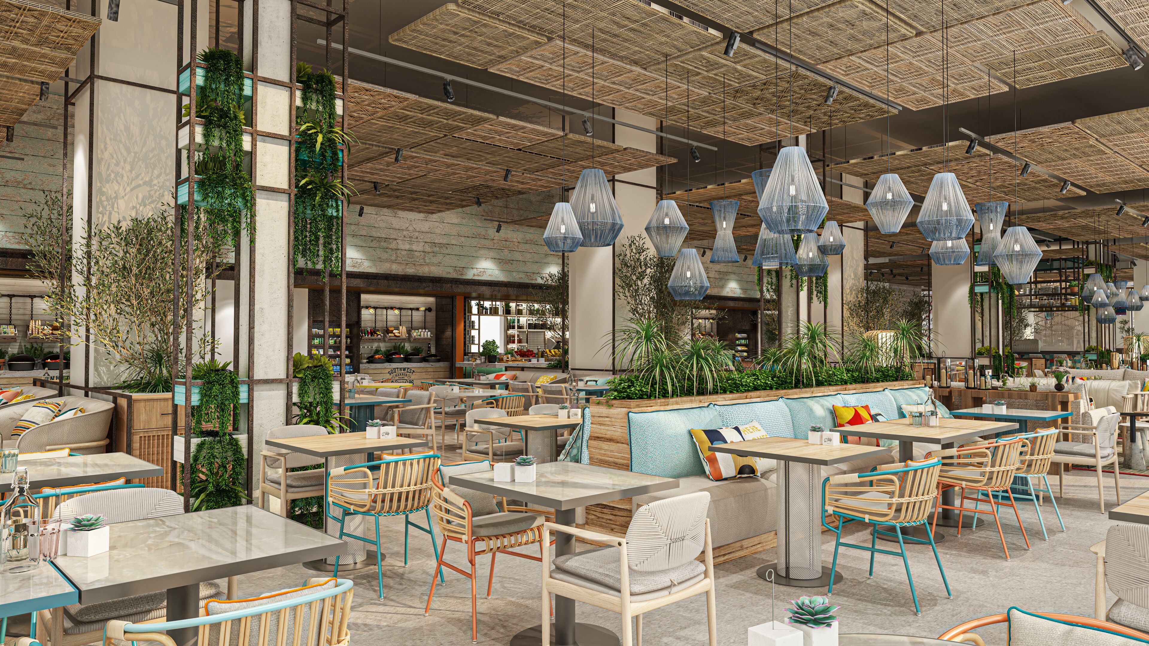 A modern cafe with multiple seating areas, including tables and chairs, and a central seating area with a sofa.
