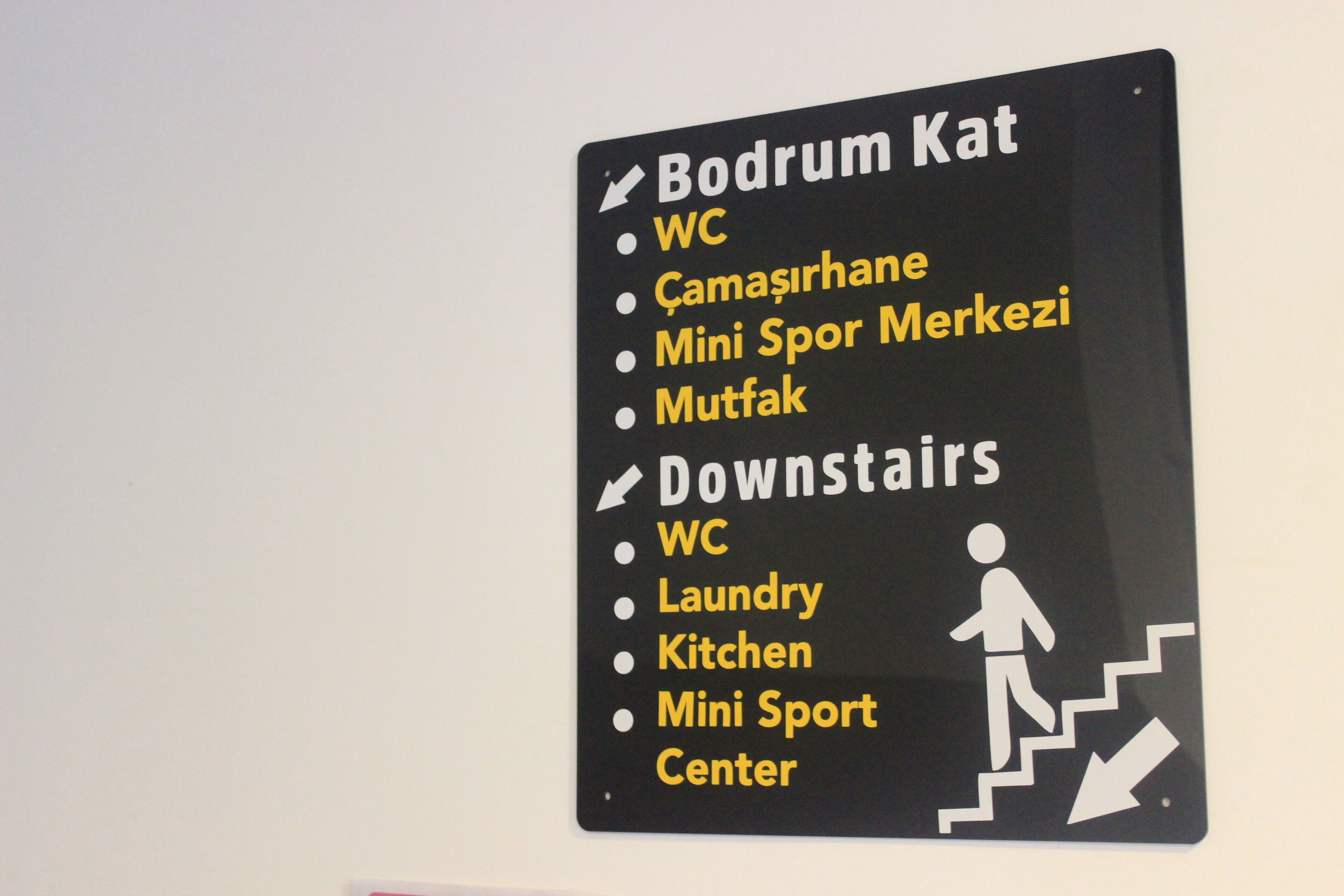 Señal direccional que lista servicios como baño, lavandería, cocina y un centro deportivo pequeño.