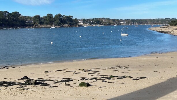 A beach with clear blue water, a sandy shore, and a distant shoreline with buildings and trees. - TYKLAN house in Bénodet (Bénodet)