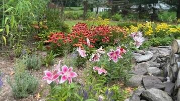 Een tuin met verschillende planten en bloemen, een stenen muur en een waterpartij op de achtergrond.