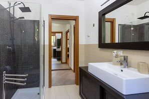 Shower, hair dryer, bidet, towels