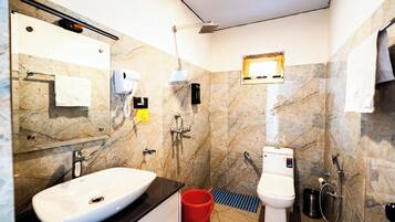 Habitación de lujo | Baño | Ducha, toallas, jabón y papel higiénico