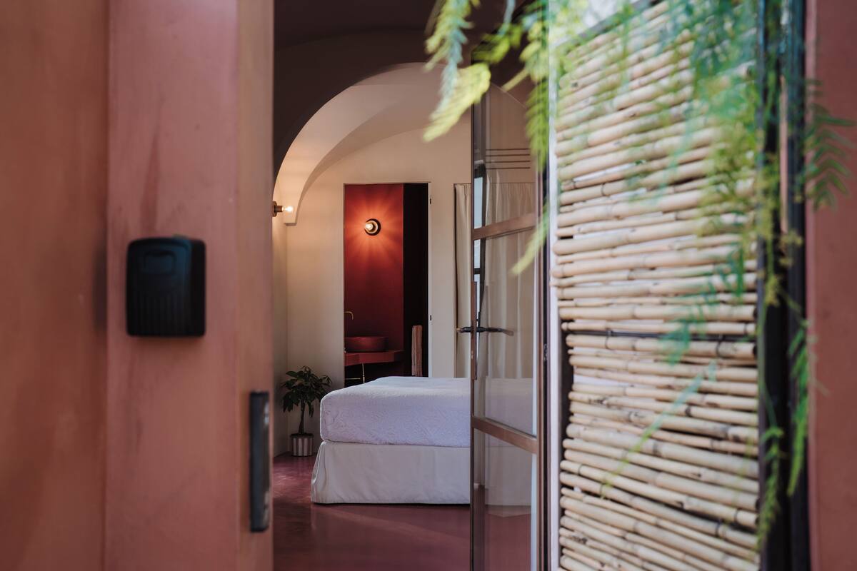 A hotel room with a bed, a bedside table, a wall-mounted light, and a potted plant.