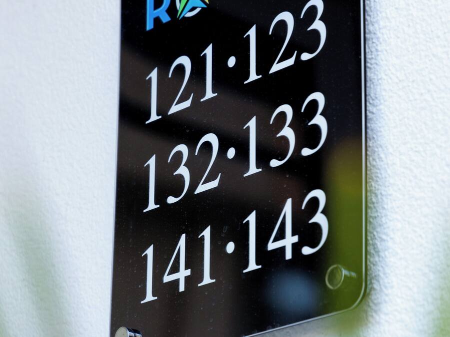 A black sign with the name "Rondo" and a colorful logo, listing room numbers 121-123, 132-133, and 141-143.