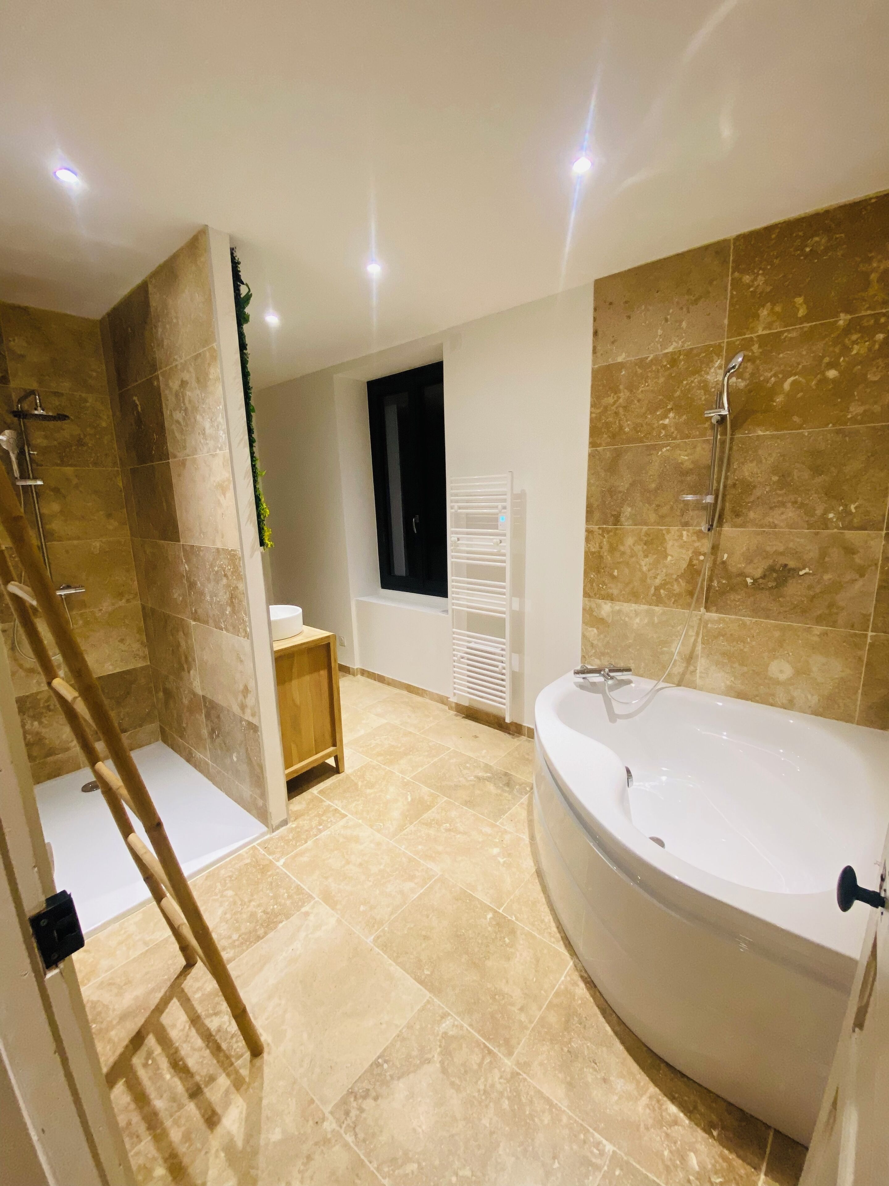 Shower, towels, soap, toilet paper